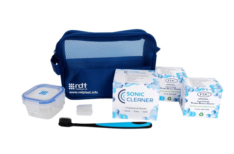 FDC Original Flexible Denture Cleaner Care Kit - (6 Months Cleaner - Brush - Sonic - Storage Pot) - for Flexible & Acrylic Dentures, Retainers, Aligners, Sports Guards